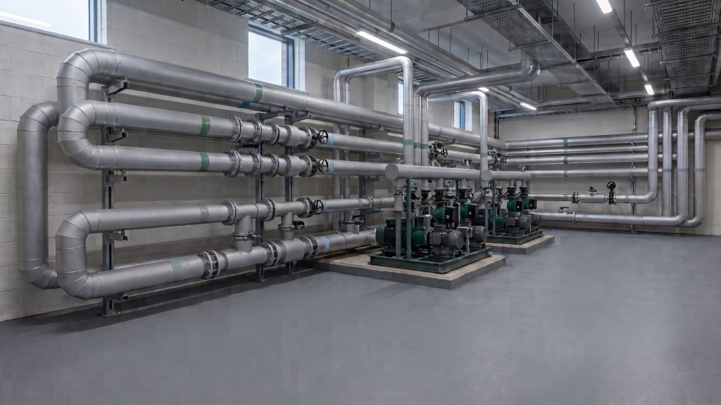 Sustainability as a structuring discipline: the plant room of a completed commercial building, insulated pipework above skid-mounted pump sets