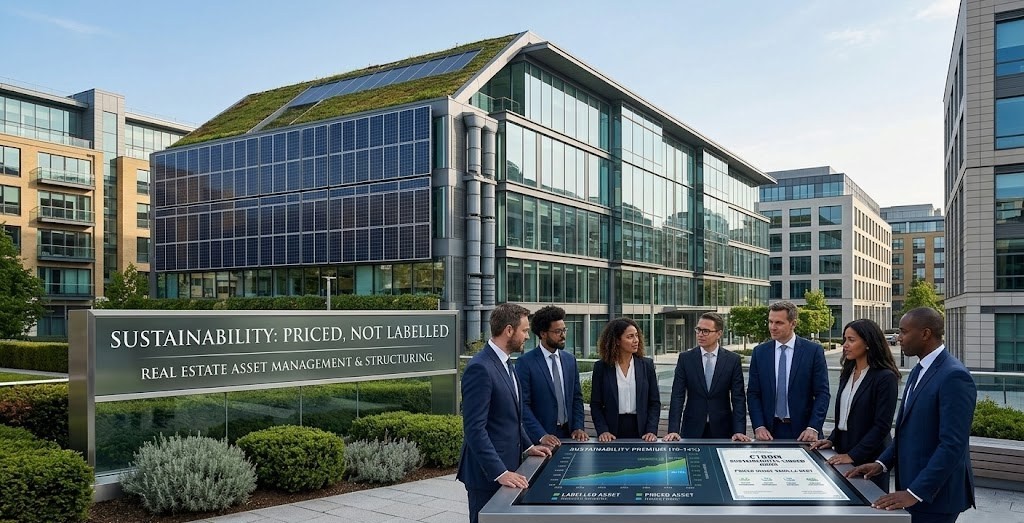 TML team and clients reviewing sustainability returns outside an office with a green roof and solar panels