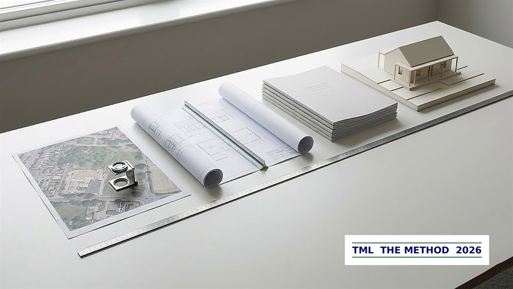 The four-step operator-partner method: an aerial site photo, technical drawings, bound reports, and an architectural model